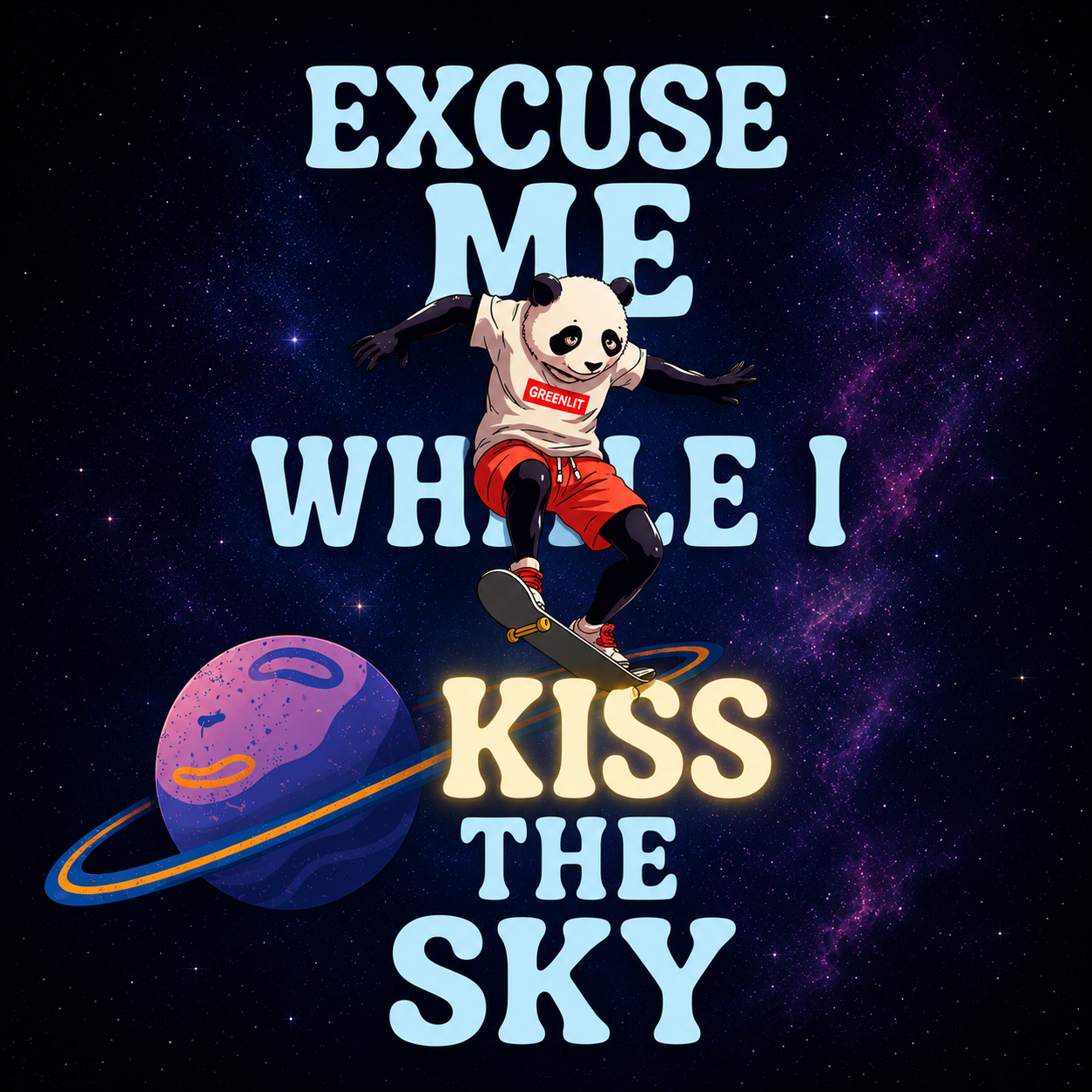 Cosmic Panda Skateboard Digital Wall Art | GreenLit Galaxy Poster